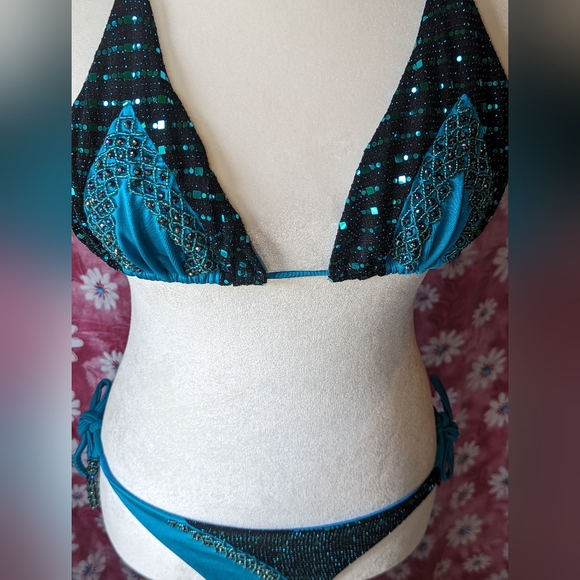 Beautiful Handmade Beaded Columbian thong Bikini. Sz. M. New. Aqua&Emerald. - Picture 4 of 14